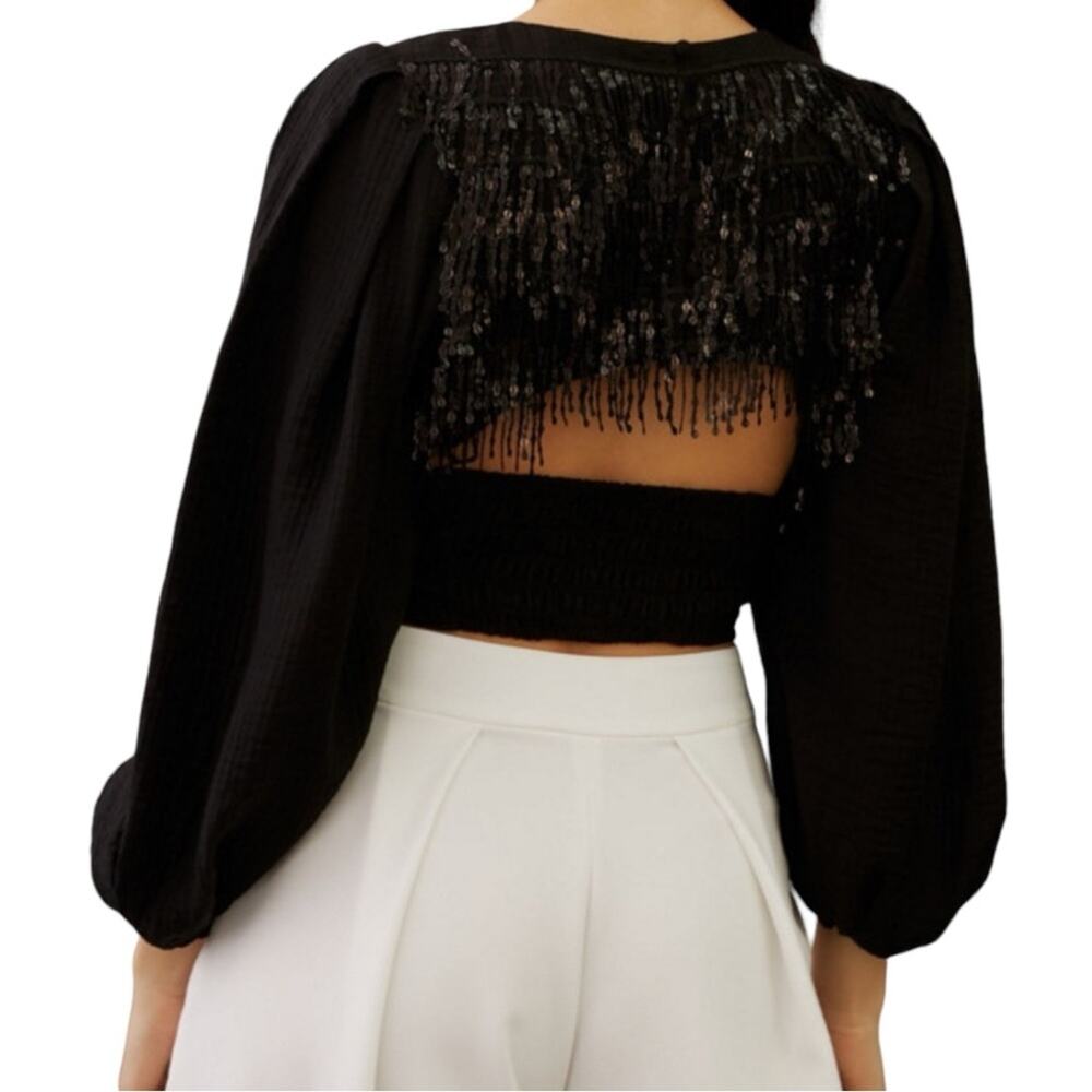 Anthropologie Current Air Sequin Fringe Cut Out Back Long Sleeve Black Top M